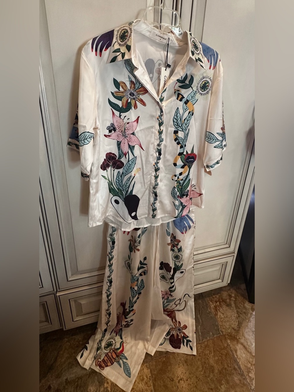Commense Cream Floral & Botanical Silk Two-Piece Set